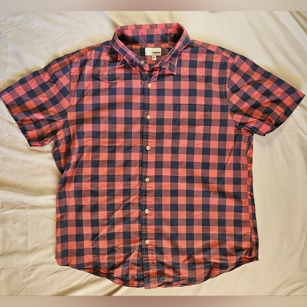 Sonoma Mens Pink And Blue Plaid Short Sleeve Button Up Shirt Size Large